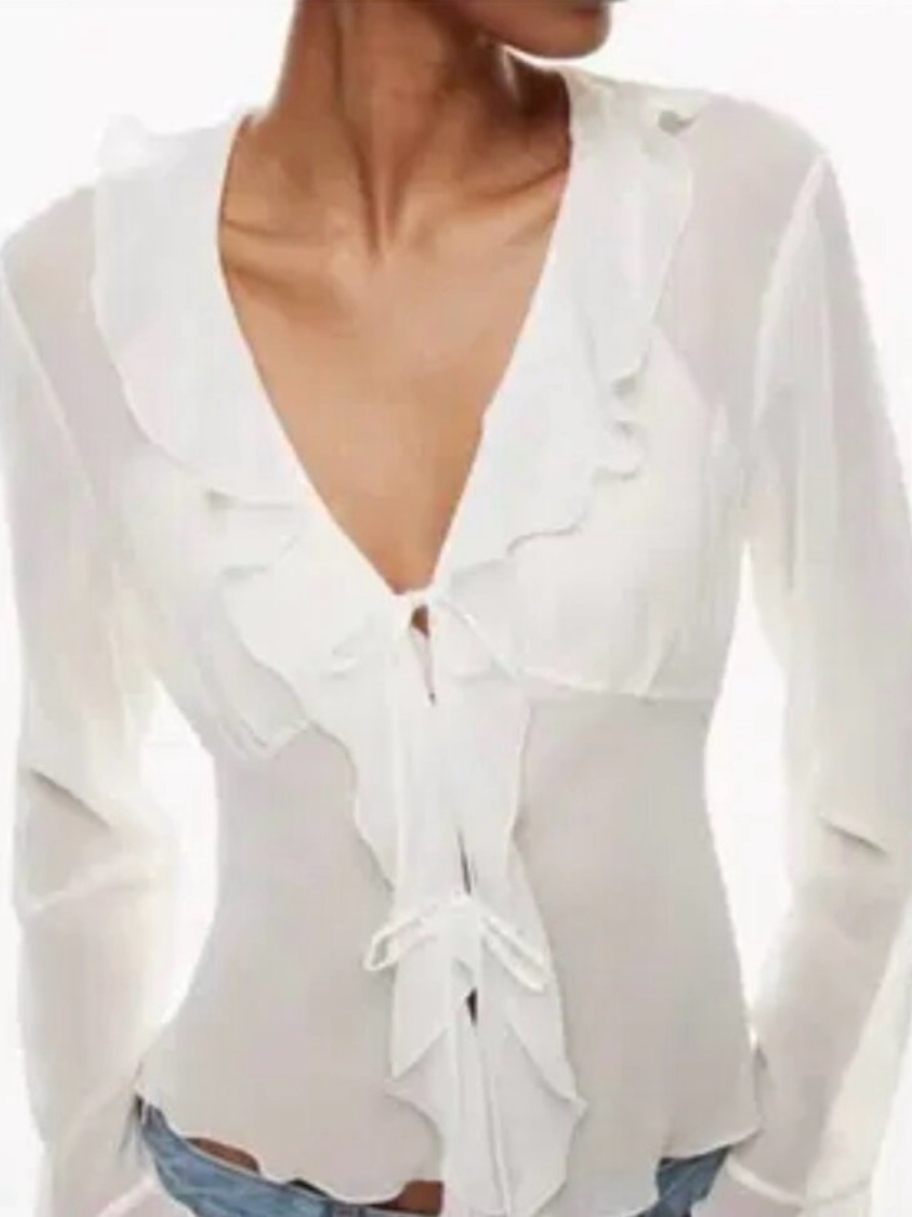 Sheer Ruffle Tie-Front Blouse - White